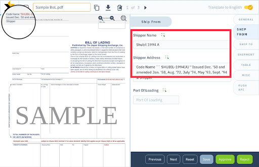 Extract Bill of Lading from KlearStack tool