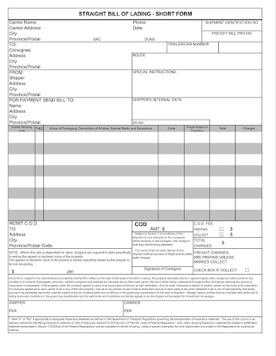 Bill of Lading Form