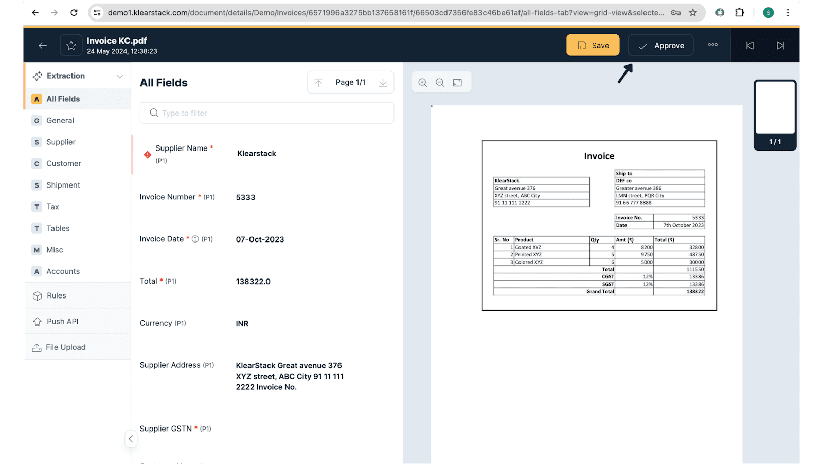 Proceed by clicking on the "Approve" button in KlearStack tool