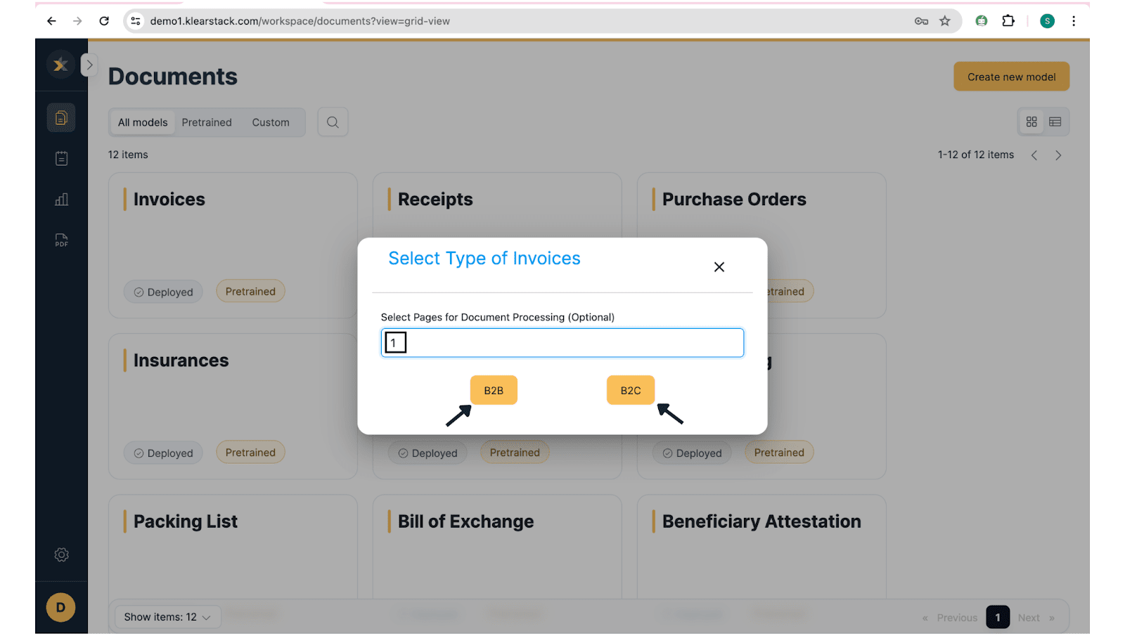 Select the number of pages and business type for the document in KlearStack tool